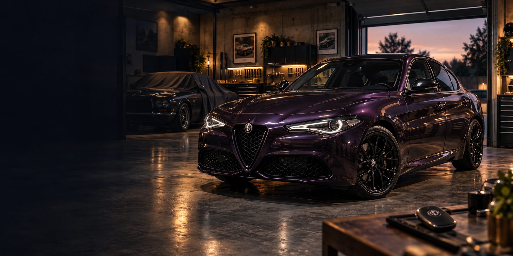 A midnight purple saloon parked in a lit collector's garage at twilight